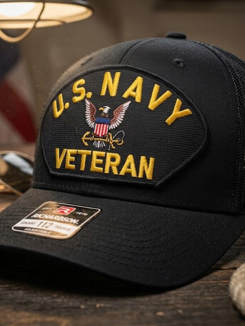 Retro US Navy Veteran Trucker Hat Military Patch Richardson 112 Snapback Cap NEW